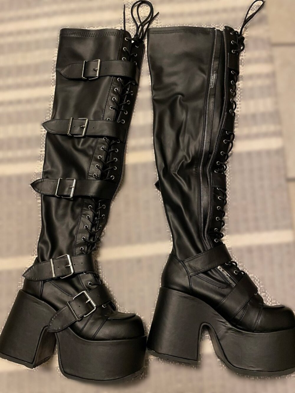 Demonia Camel-305 Vegan Leather Thigh Boots w/ Buckles (incl. box)